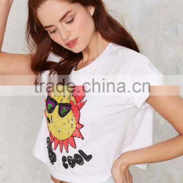 White Color Cool Cropped Sequin Tee Short Sleeve Custom Crop Top Women