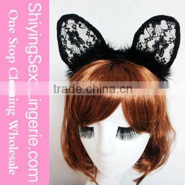 Halloween Fashion Black Plush Trim Lace Cat Ear Feather Headband