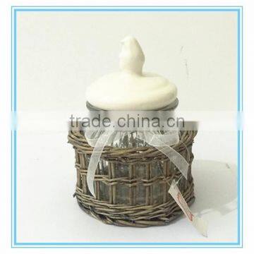 Fulaishan Hot Sale Small Willow Stand With Glass Round Storage Jar and Ceramic Lid and Ribbons
