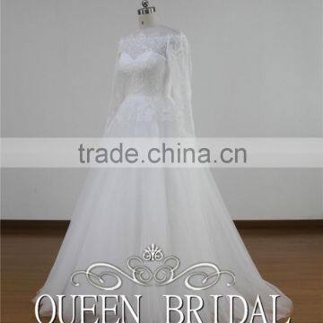 Ball Gown Appliqued Lace Boat Neck Wedding Dress Long Sleeve photo-6