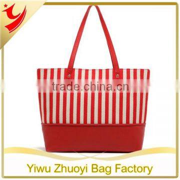 High Quality Red Canvas and PU Strip Print Beach Bags an Tote Bags for Travel