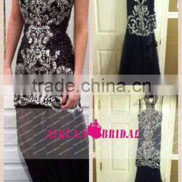 Elegant Real 2014 A-line Halter Beaded Crystal Sequins Black Long Prom Evening Dress Vestido Longo ZY141