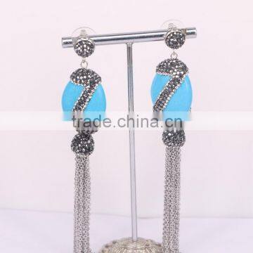 Howlite Turquoise Beads Stud Earrings Paved Crystal Zircon & Metal Chain Tassels Earring Fashion Jewelry