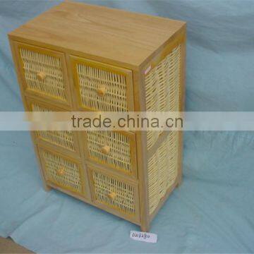 wooden storage cabinet with natural wicker basket drawer