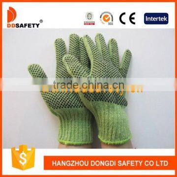 7G Green Polyester Woven With Black PVC Dots Both Sides Safety working Gloves