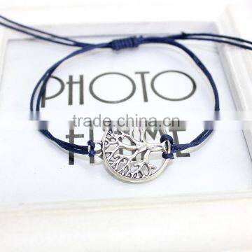 Antique Silver Hollow Tree of Life Charm Bracelet Customized Charm Wax Cord Bracelet Cheap Personalzied Bracelet for Promotion