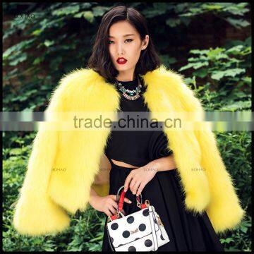 2015 high fashion young ladies short styles yellow coats faux fox fur coat for winter stylish overcoat