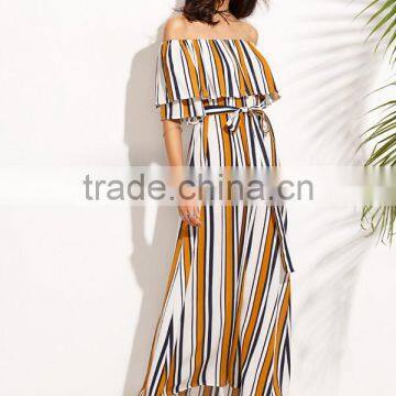 Woman Fashion Striped Off The Shoulder Tie Waist Chiffon Maxi Dress photo-3