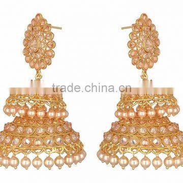 BIG Crystal Gold Tone DOUBLE JHUMKA DANGLER EARRINGS photo-2