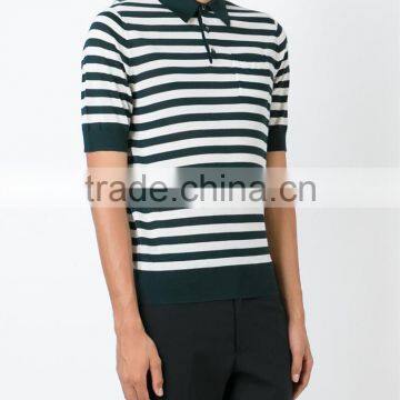 Black and White Stripe Fine Knit Golf Polo Shirt for Male photo-3
