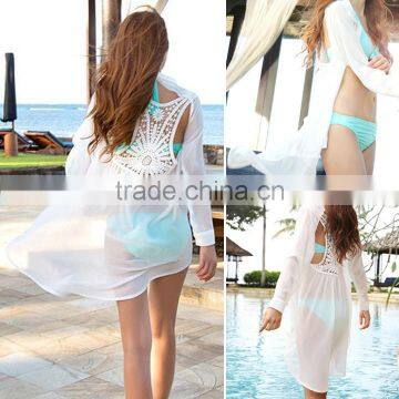 Retro Women's Chiffon Shirt Backless Lace Crochet Bikini Swimwear Beach Cover Up Sexy White Bathing Suit SV003940 photo-2