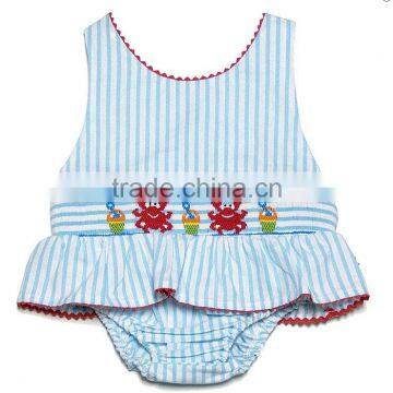 Turquoise stripes crab smocked swimsuit for baby girls