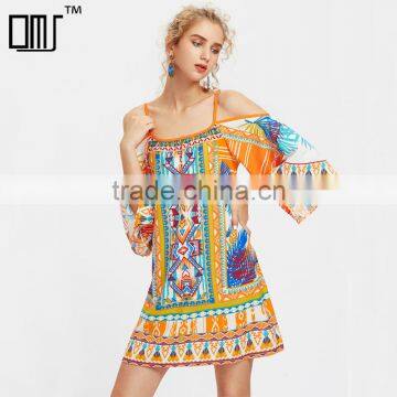 Print Kimono Sleeve Dress, women cold shoulder spaghetti strap dress