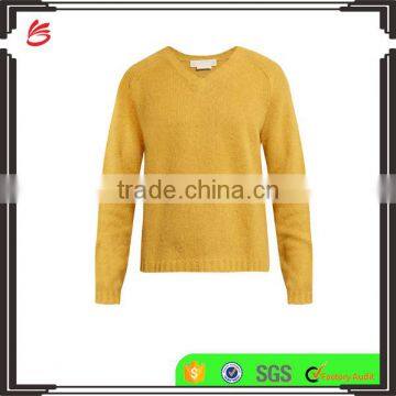 Mustard-yellow V neck pullover winter thick sweater 12 GG knitted