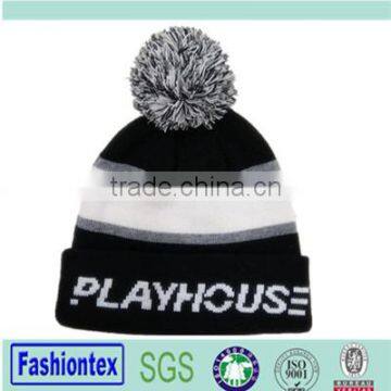 100% Acrylic Custom knitted Beanie Hat With Pompom Jacquard Beanie hat Beanie Custom logo