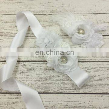 White Chiffon Sash & Headband Sets With Luxe Bloom Lace Floral Sash Belt For Baptism Baby Accessory