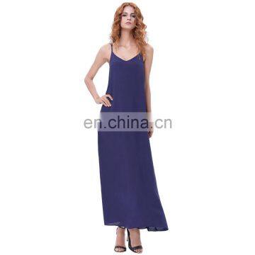 Kate Kasin Sexy Womens Summer Casual Loose Spaghetti Straps V-Neck Navy Maxi Dress KK000700-4