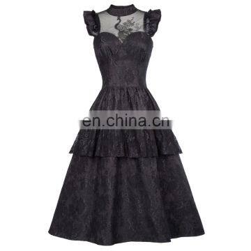 Belle Poque Retro Vintage Cap Sleeve High-Neck Sheer Bodice Black Lace Swing Dress BP000380-1 photo-3