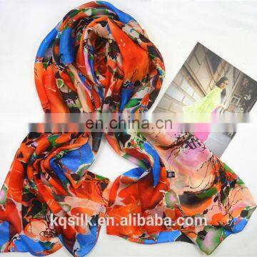 China suppliers printed 110*200 pure silk shawl long silk habotai scarf with big flower