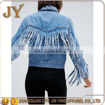 New Design Women Long Sleeve Summer Denim Midwash Blue Short Jackets With Fringed Back photo-3