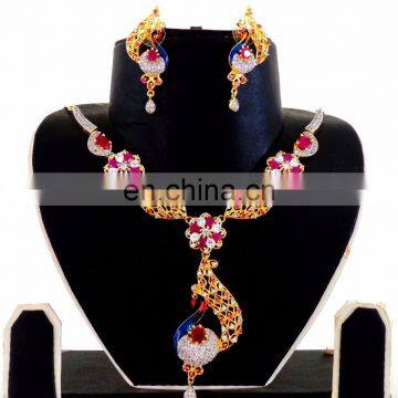 Designer American Diamond Necklace set - Peacock Shape Gold Plated CZ Necklace set - Wholesale American Diamond Necklace set