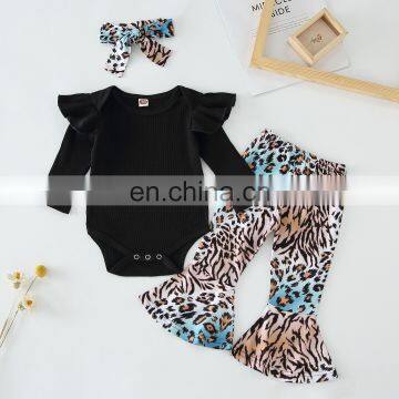 Baby Girl Fall Winter Ribbed Fall Clothes Set  Ruffle Romper + Leopard Flared Pants Trousers +Headband Outfits Clothes