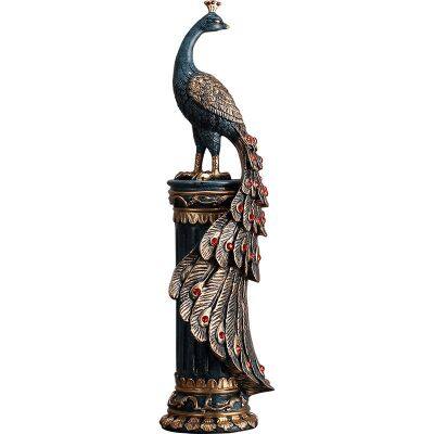 New Chinese Style Blue Peacock Resin Craft Double Animal With Red Acrylic Beads Table Ornaments For Home Decor