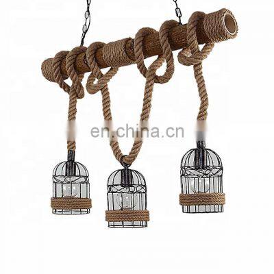 Countryside Pendant Light Loft Hemp Rope Bamboo Iron Cage Hanging Lamp Lighting Fixture for Restaurant bar