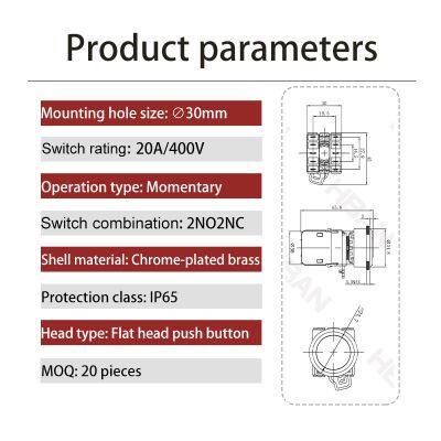 Ip65 30mm Chrome Plated Brass Flat Head 20a 1NO 1NC on off Switch Push Button Momentary photo-2