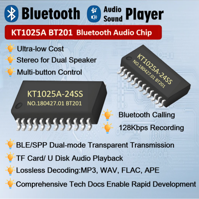 KT1025A Bluetooth Chip BLE 5.0 Audio Voice Chip Solution Supports TF Card USB Disk SPI Flash Playback BLE SPP Transparent Transmission BT201 Module