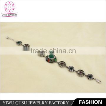 2015 Yiwu new products antique silver plated bracelet with emerald rhinestone and emerald imitation jade