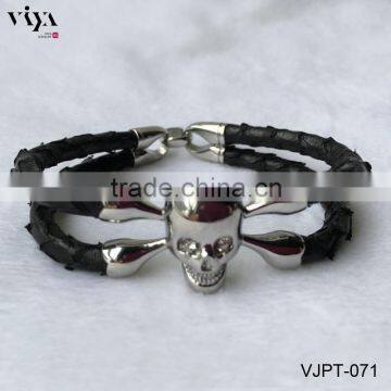 New Arrival Skull Bracelet Handmade Men Bracelet Real Python Leather Bracelet with Stainless Steel Clasp