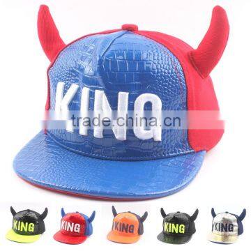 Horn Style KING Embroidery Leather Front Boys Girls Kids Flat Baseball Hat