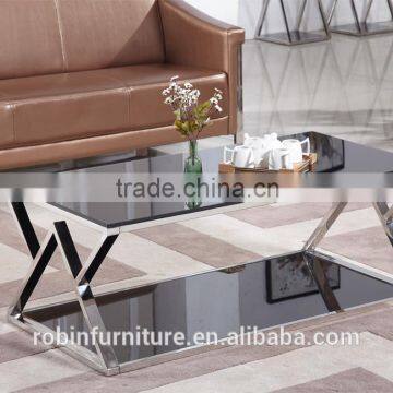 Living Room RB-1506 Modern Black Stoving Varnish Rectangular Tempered Glass Coffee Table With Stainless Steel Tea Table photo-2