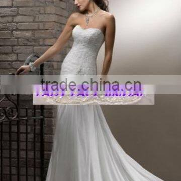 2015 New Custom Made Applique Pleat Crystal Lace Chiffon Beach Wedding Dress