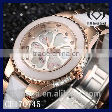 Fashionable ceramics stainless steel case watch pink gold plating