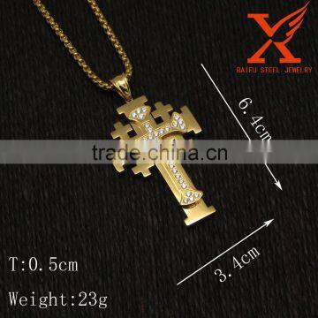 Mens Solid Stainless Steel Gold Double Cross Pendant Iced Out Micro Pave CZ Hip Hop Charm Quality Choice photo-2