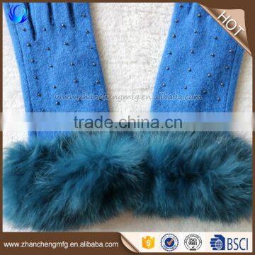 Fashion New Style Ladies Winter Blue Thick Alpaca Wool Knitted Gloves With Fur Cuff photo-2