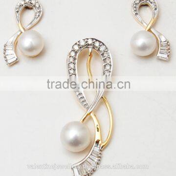 Twisted Design Pearl And Baguette Diamond Light Weighted Pendant Set For Women