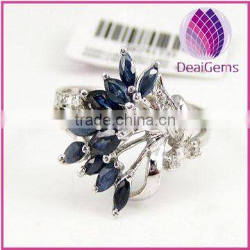 Flower Ring sterling silver and sapphire, ten-2x4mm faceted marquise with eight-rhinestone