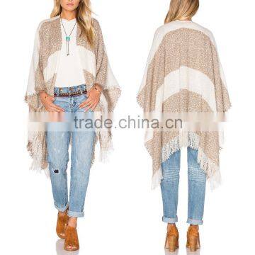 Wholesale guangdong kimono shawl woman fashion stripe poncho with fringe