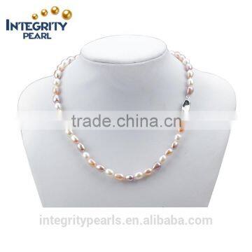 7mm AAA good quality mixed color rice shaped 925 silver natural real choker pearl necklace