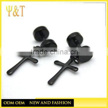 New design fashion 316 stainless steel black cross stud earrings for men, fashion stud dangle cross earrings (HE-009)