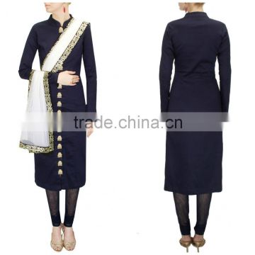 Flattering Navy Blue Raw Silk Churidar Suit/Online Churidar Suits shopping