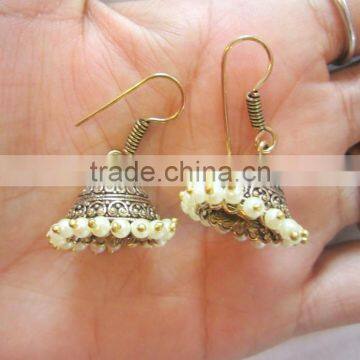 Antique gold tone jhumka pearl bollywood dangler EARRINGS