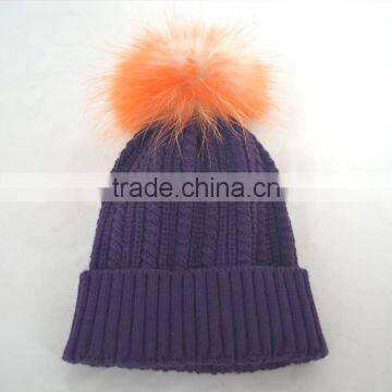 Myfur Popular New Cable Woolen Knitted Hat With Raccoon Pom Pom Top