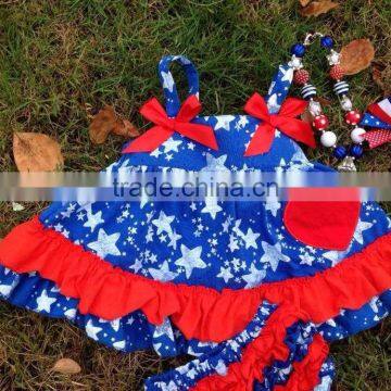 2016 Kids Heart Print Patriotic Swing Top Set Toddler May Memorial Day Swing Outfits With Matching Necklace and Bow photo-2