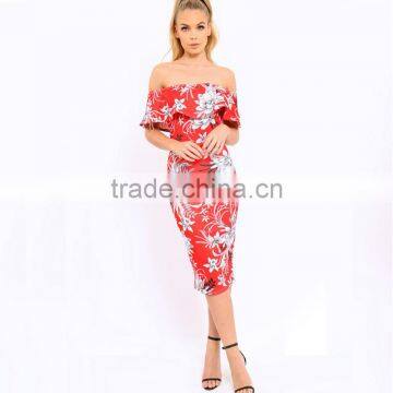 Best Sell Women Clothing off the Shoulder Floral Bodycon Midi Dresses photo-5