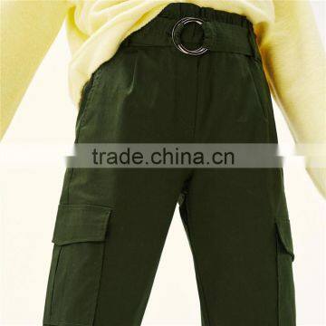Green Twill Cargo Pants Womens Cropped Trousers With Belt and Buckle photo-4