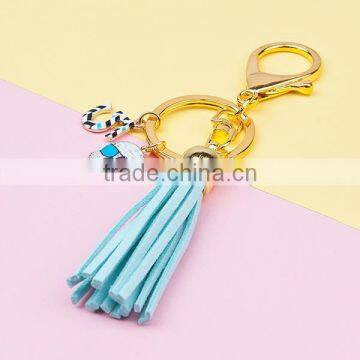 New Fashion Lobster Clasp Gold Plated Halloween Sugar Skull " 5 " Pendants With Velvet Suede Blue Tassel Key Chains Key Rings